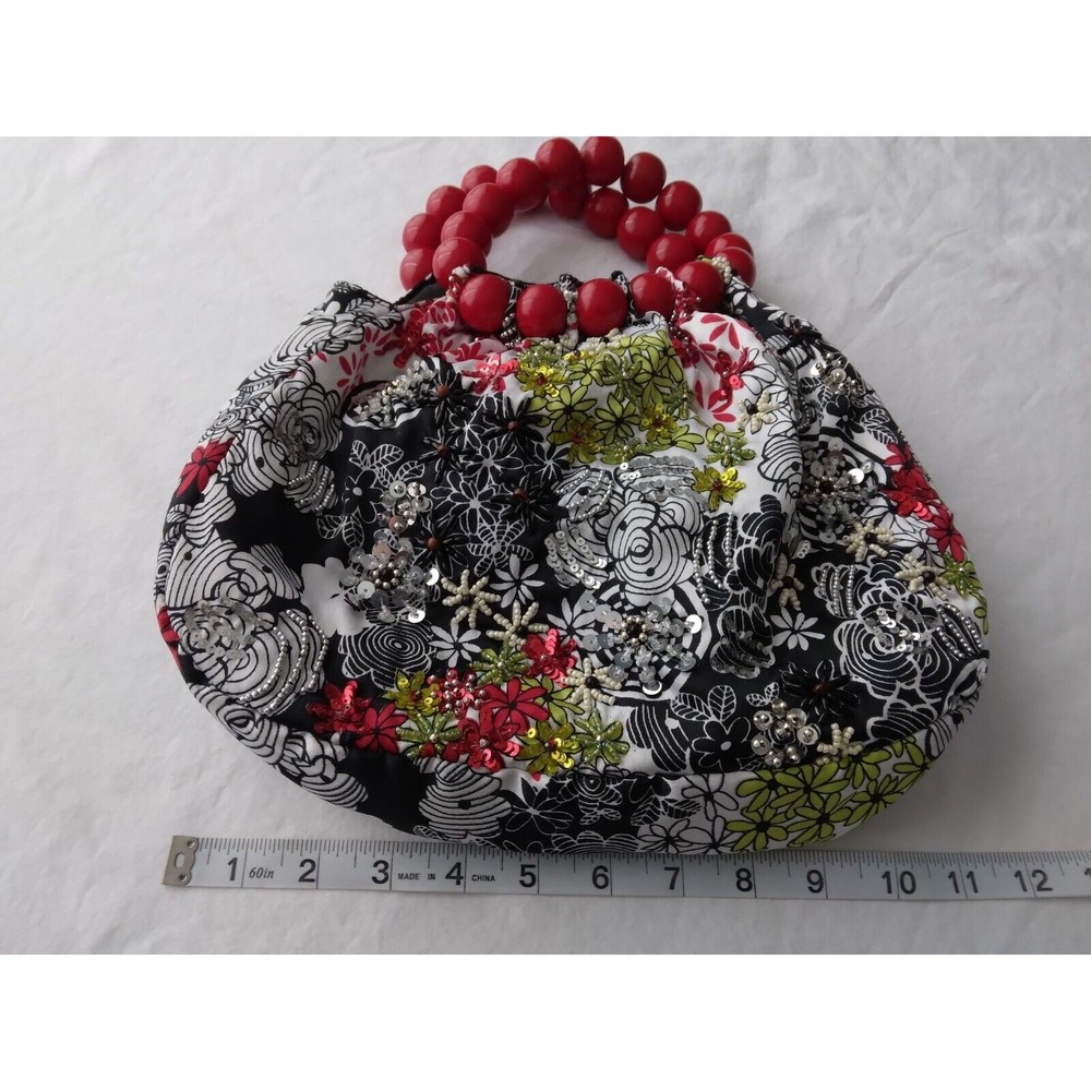 Womens Black White Sequin Beaded Handbag Italy Red Green Floral Red Bead Handles - Picture 8 of 9